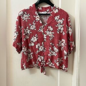 LINEN-BLEND RED WITH WHITE FLOWERS TOP